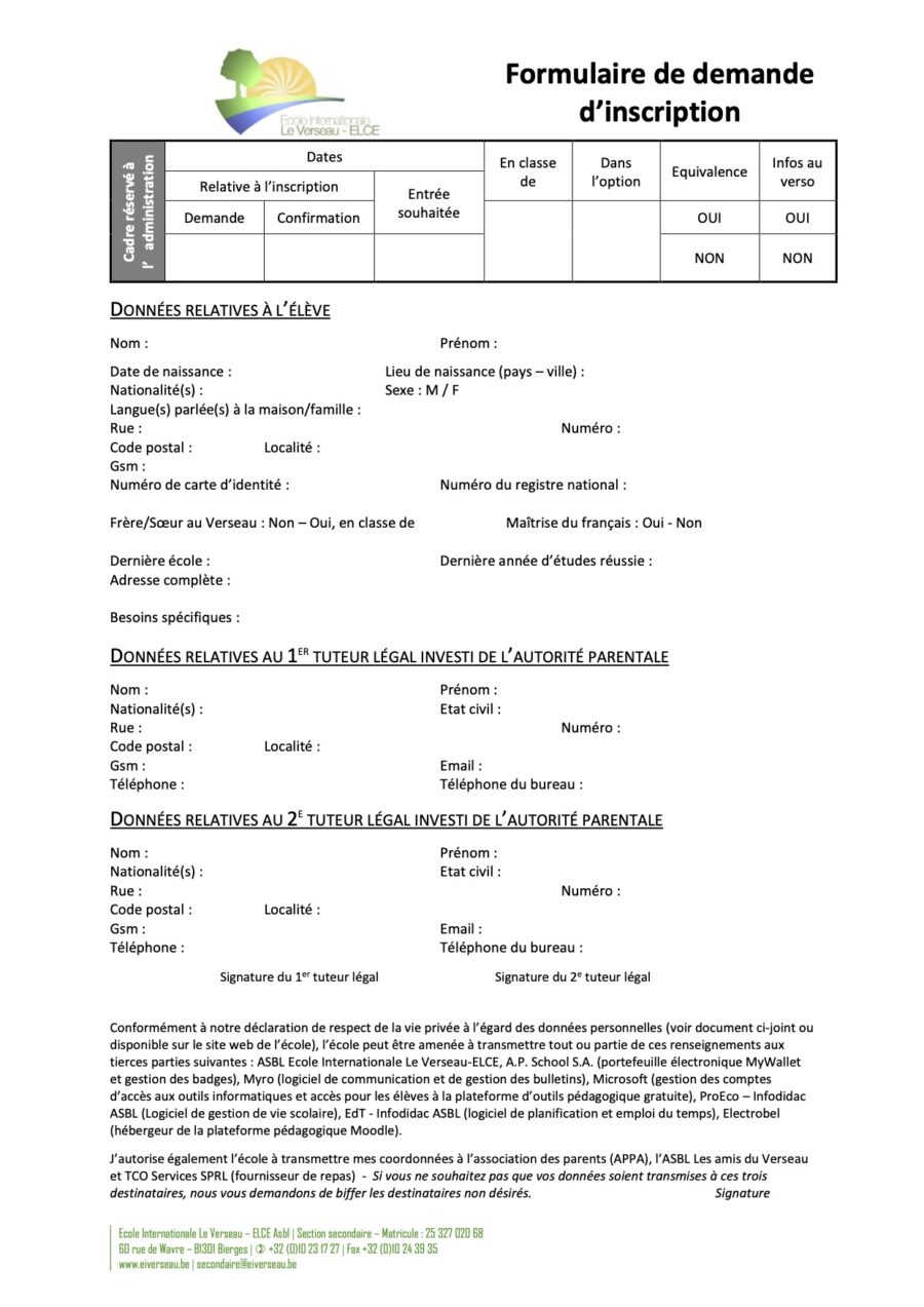 Formulaire d’inscription – Ecole Internationale Le Verseau – ELCE